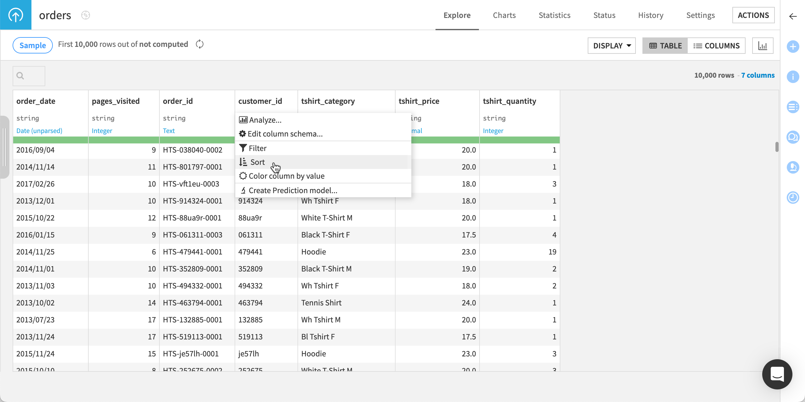 Screenshot of the Sort menu of a dataset column.