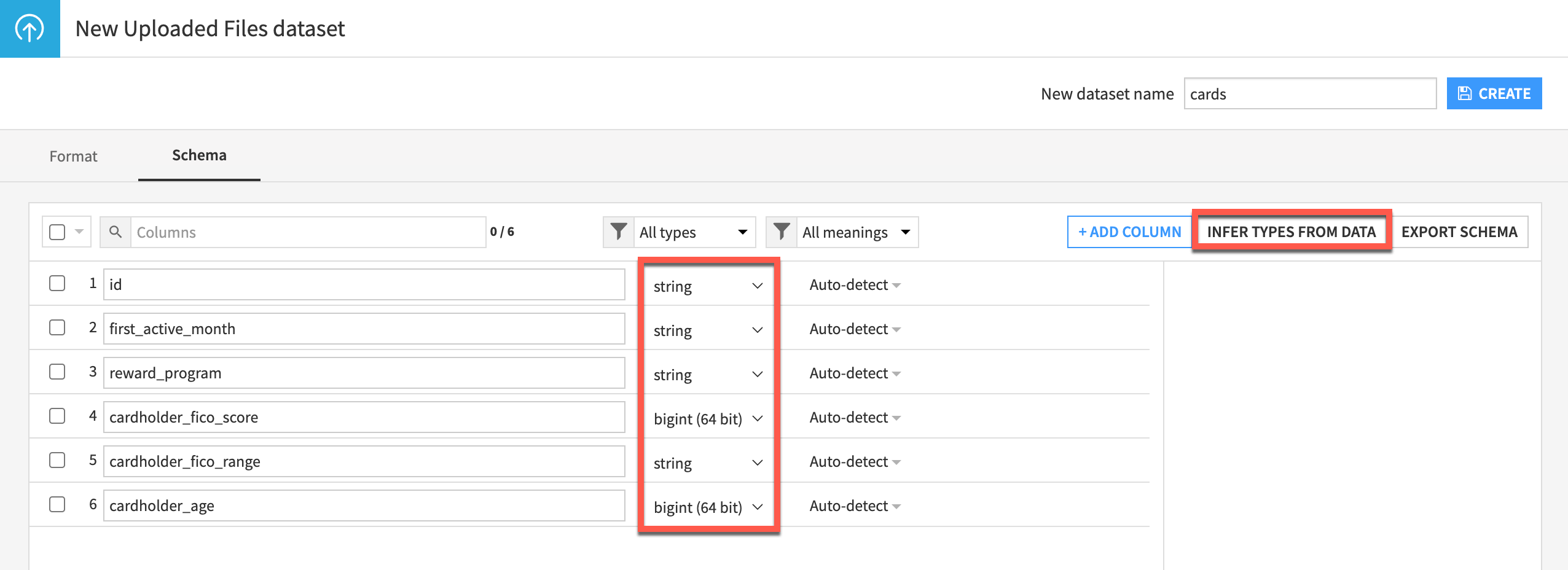 A Dataiku screenshot showing the Preview on the upload dataset page.