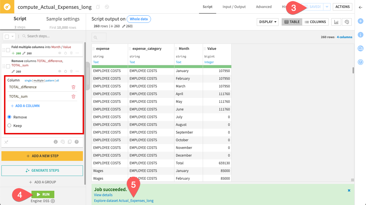 Dataiku screenshot showing how to delete a column in a Prepare recipe.