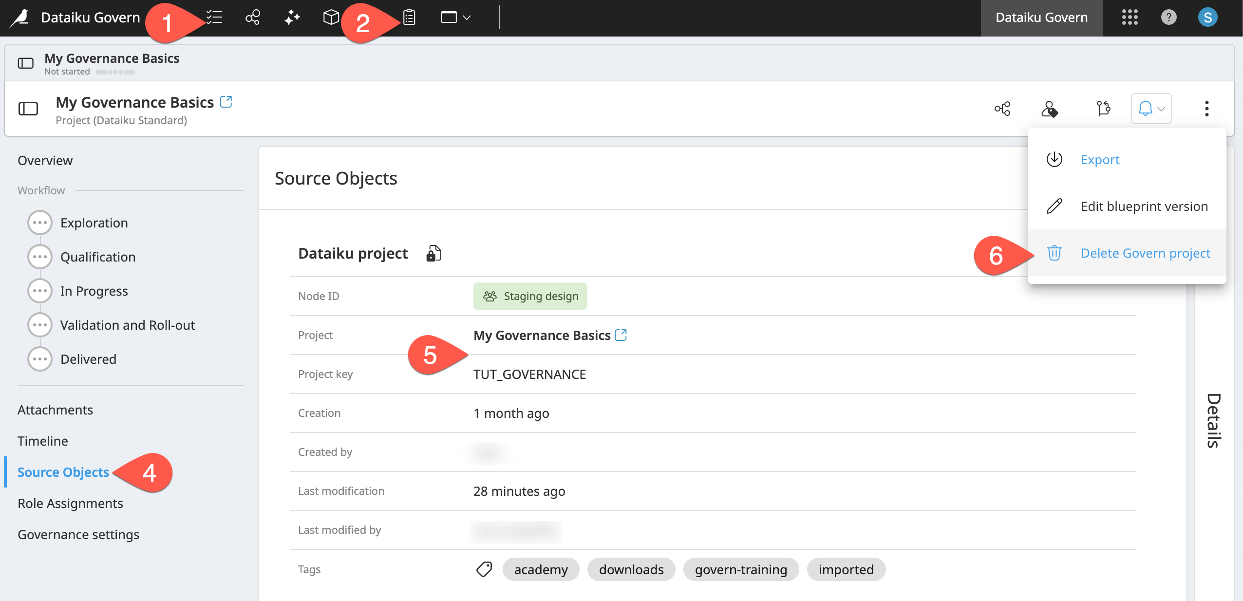 Dataiku screenshot of the dialog for deleting a Govern project.