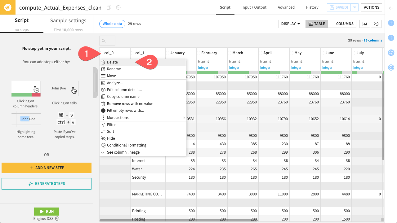 Dataiku screenshot showing how delete a column within a Prepare recipe.