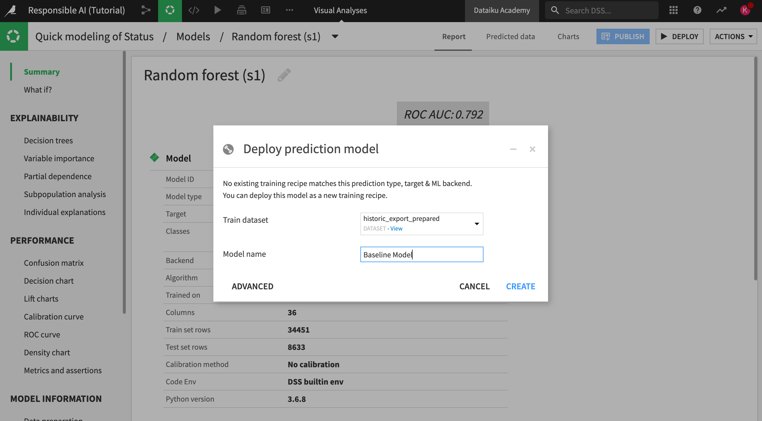 A Dataiku screenshot showing the Deploy prediction model window.