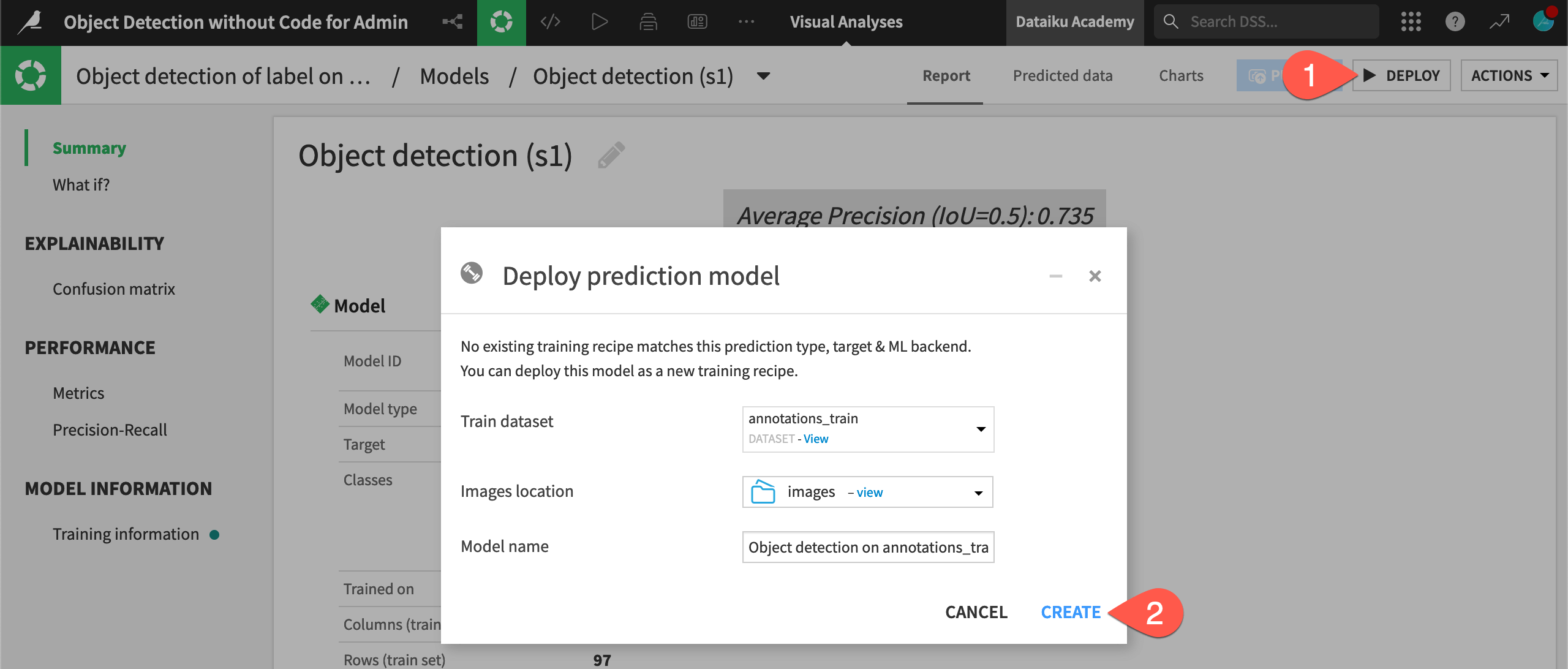 The deploy button is found in the top right of the model report page.