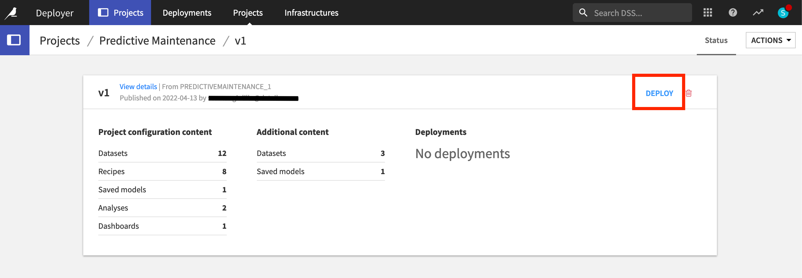 Dataiku screenshot of the dialog to deploy the project bundle.