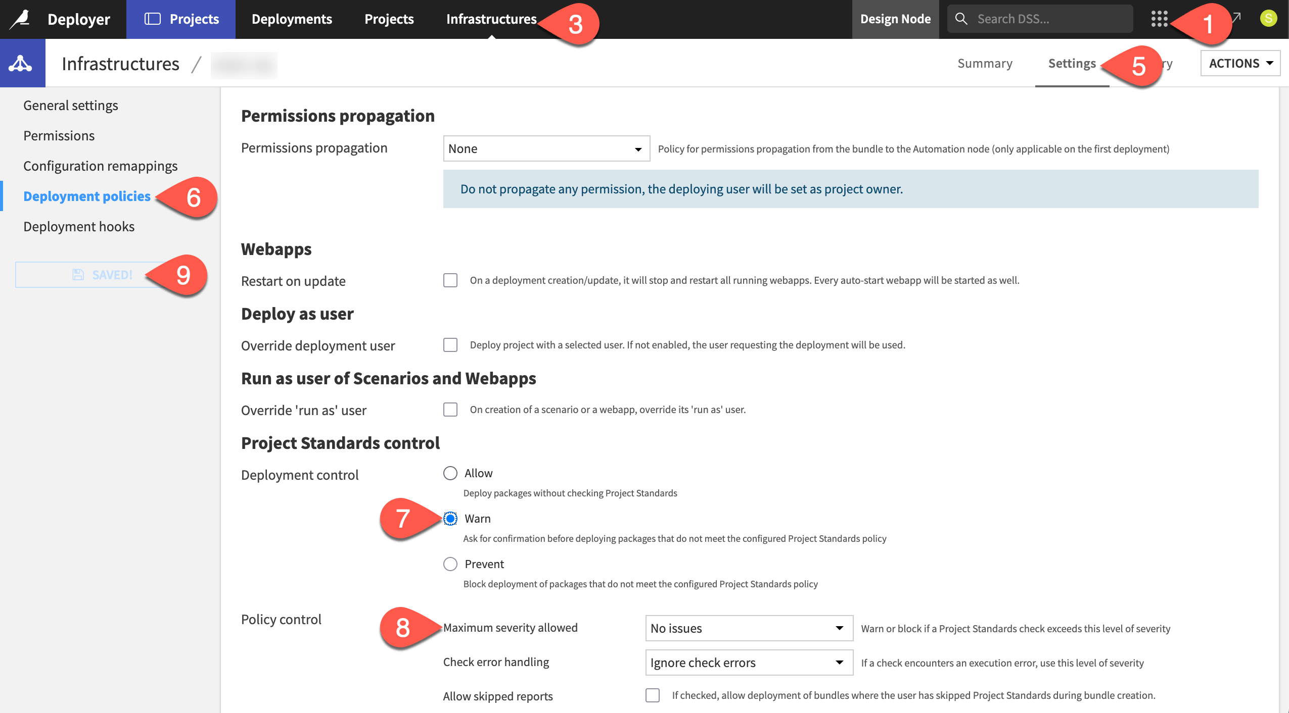 Dataiku screenshot of the deployment policies panel of an infrastructure.