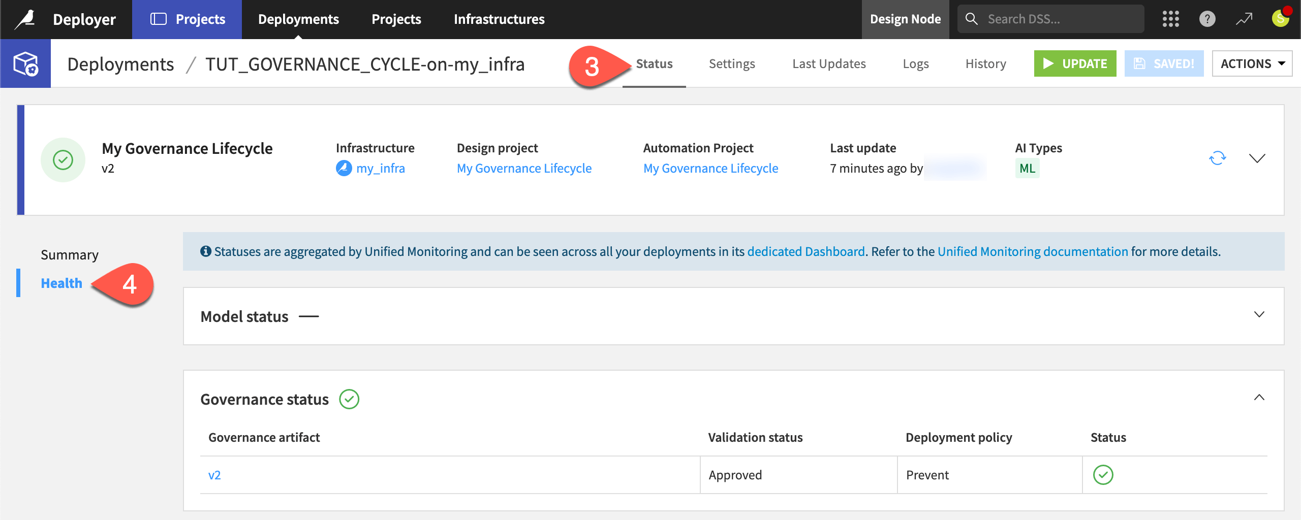 Dataiku screenshot of the governance status of a deployment.