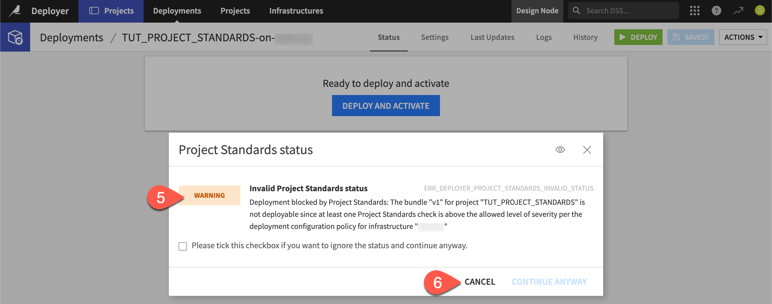 Dataiku screenshot of the dialog of a Project Standards deployment warning.
