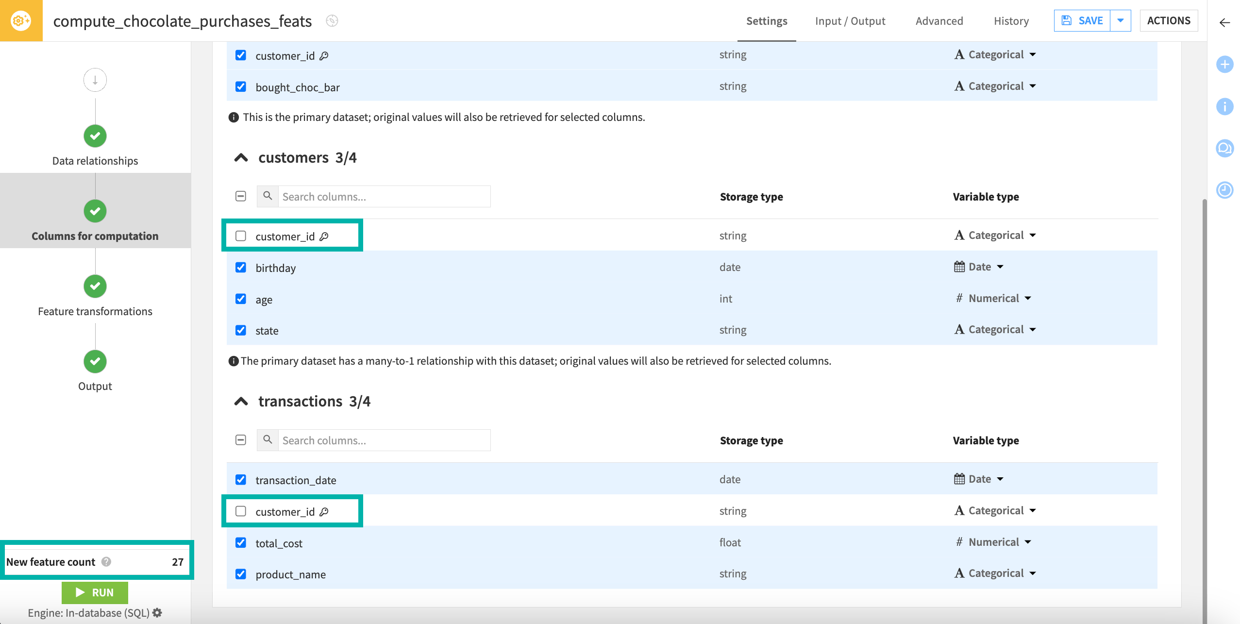 Deselecting the id columns so they're not transformed.