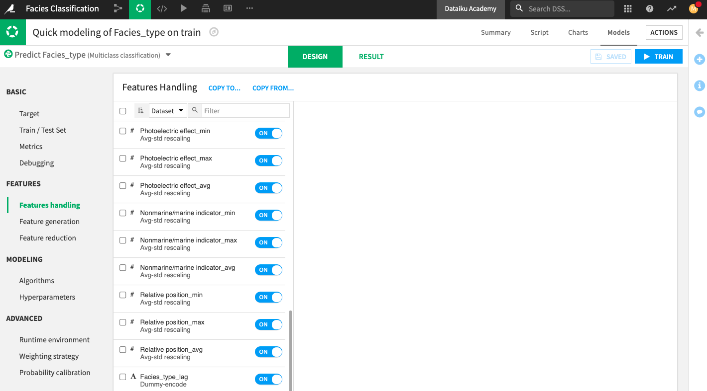 Design tab showing that Dataiku has automatically selected the newly generated features for training.