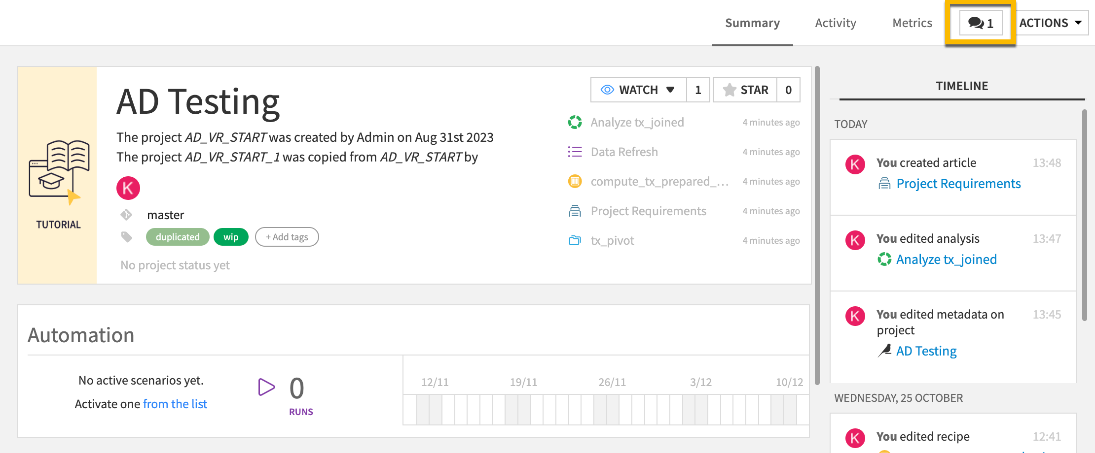 A Dataiku screenshot highlighting the chat icon in the navigation.