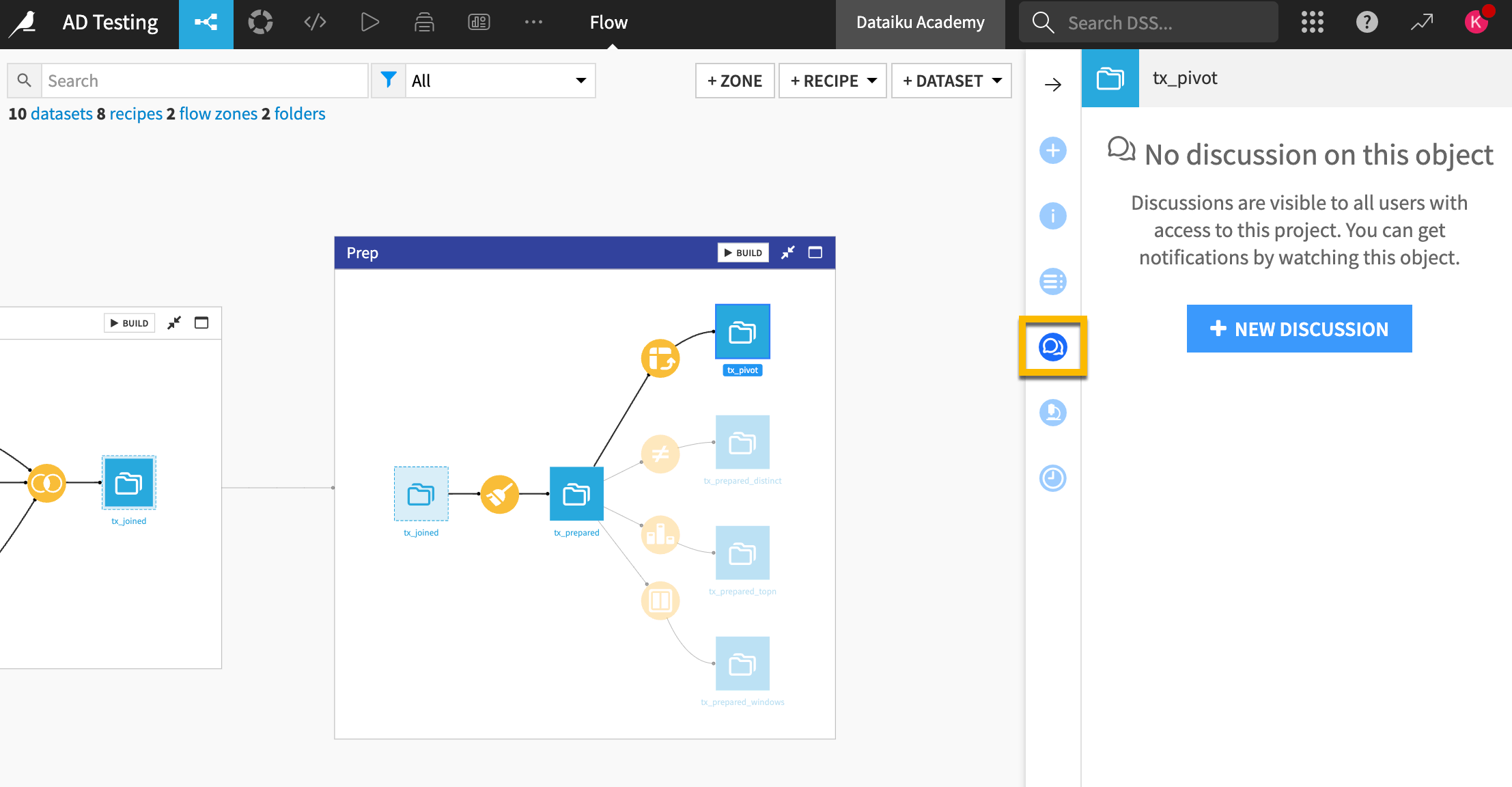 A Dataiku screenshot highlighting the discussions tab in the right panel.
