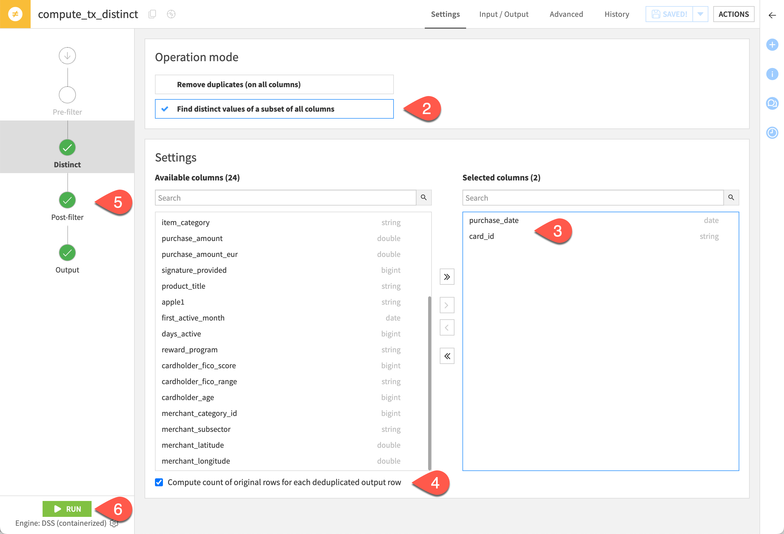 A screenshot of the column selection available under Settings in the Distinct recipe.
