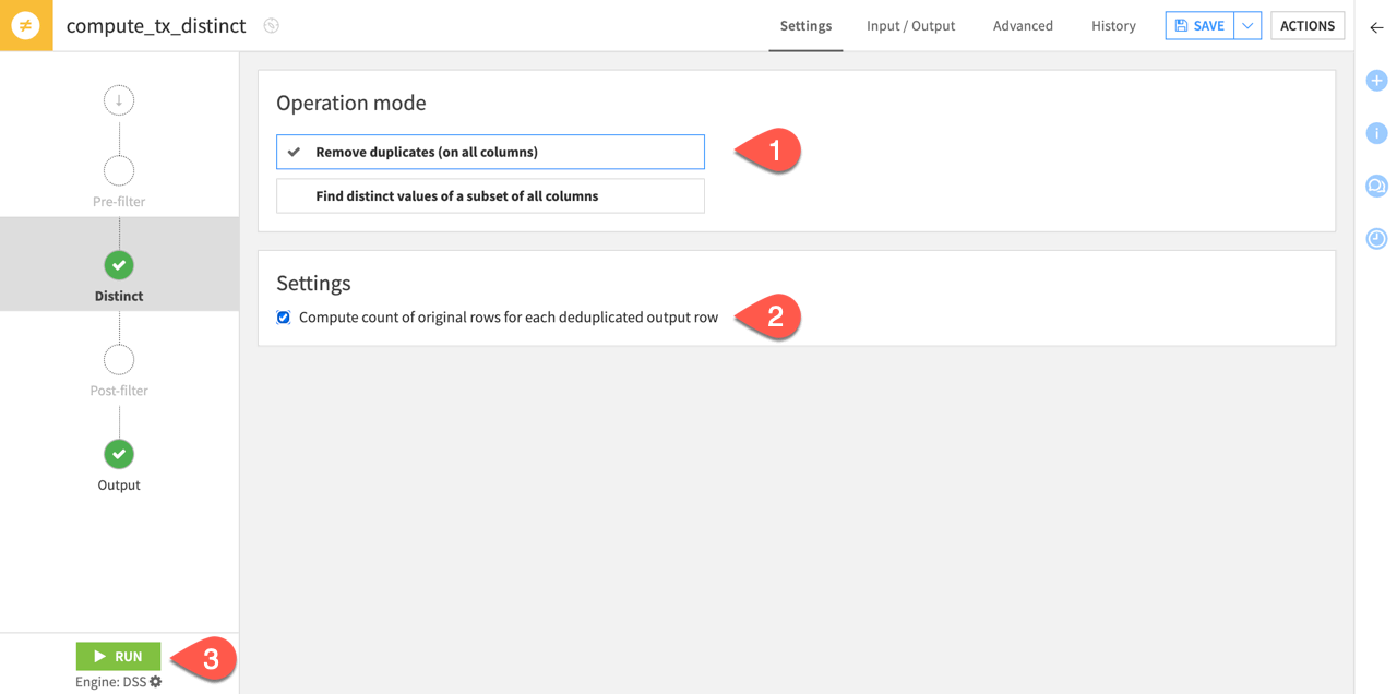 A screenshot of Distinct recipe's default settings.
