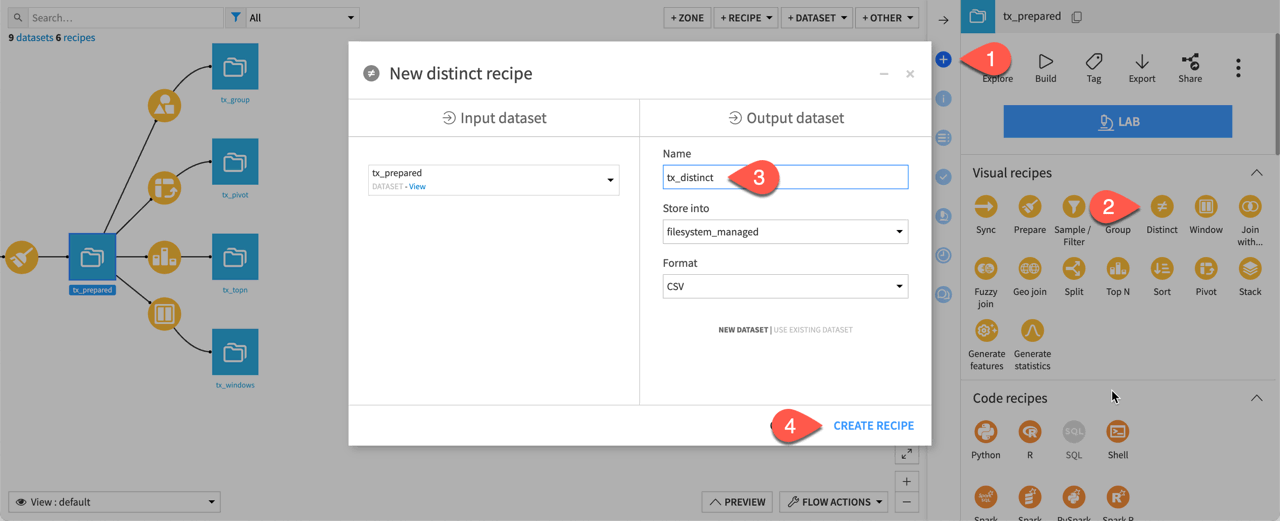 Screenshot of the new Distinct recipe dialogue window.