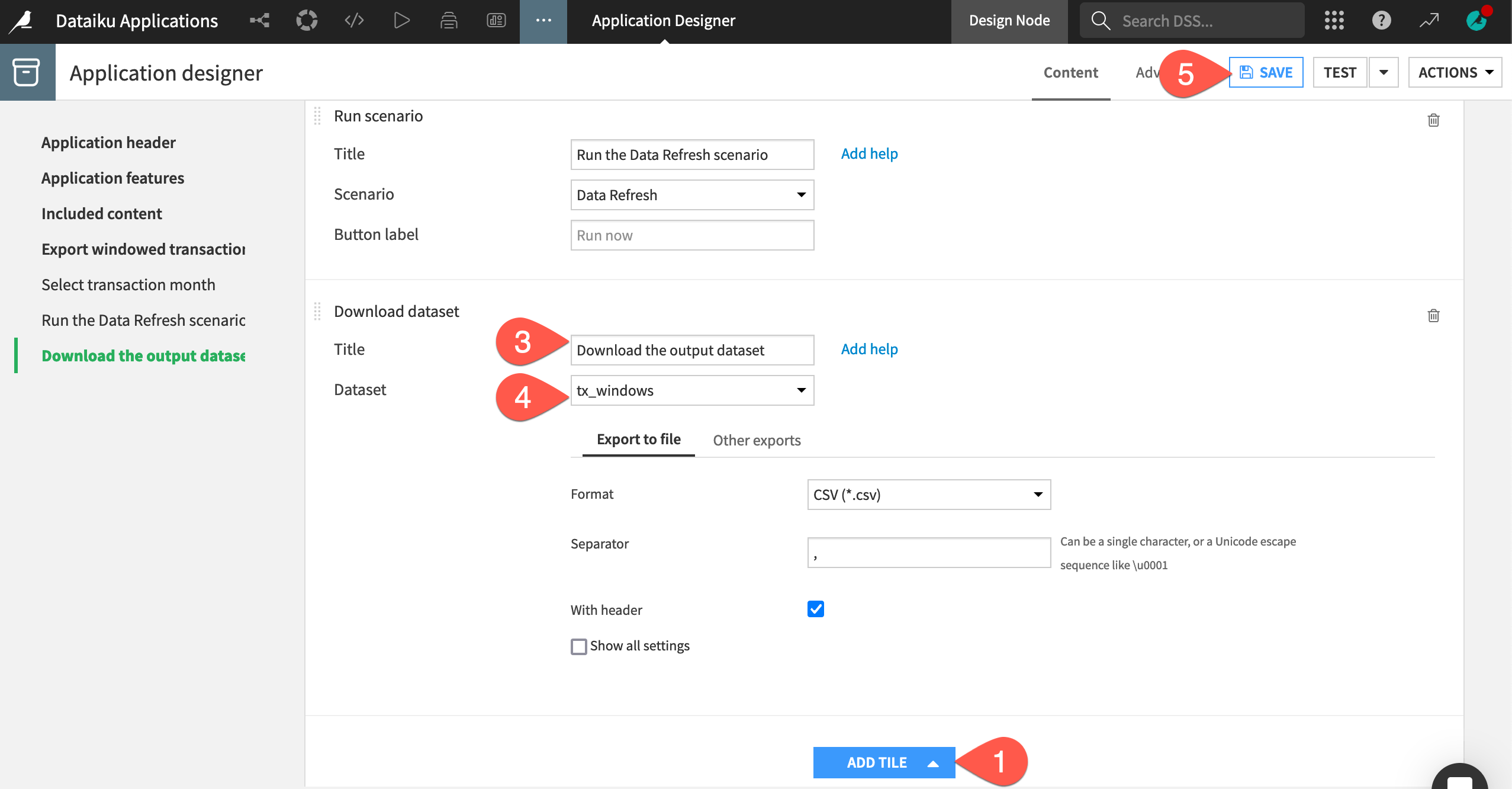 Dataiku screenshot of the download dataset tile in a Dataiku app.