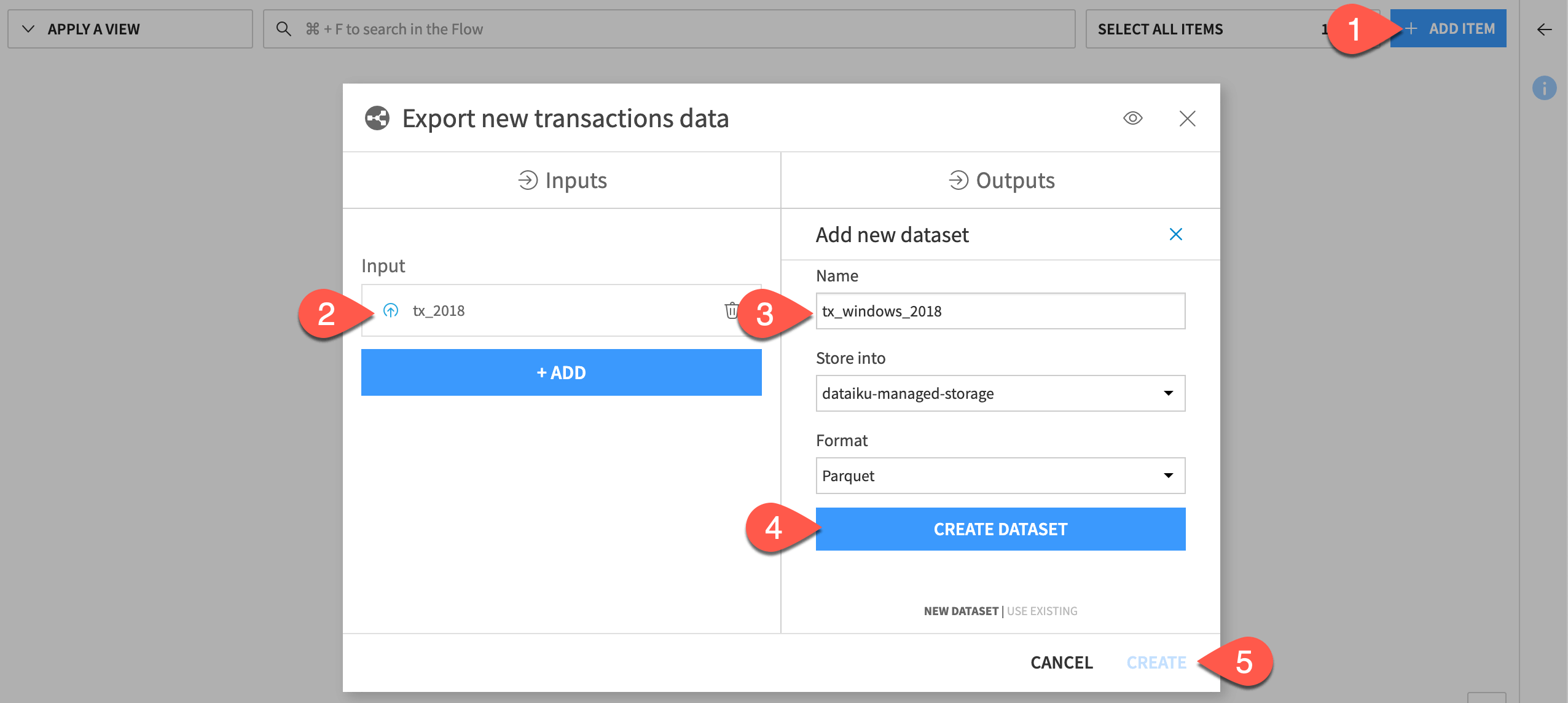 Dataiku screenshot of the dialog for adding the app-as-recipe.