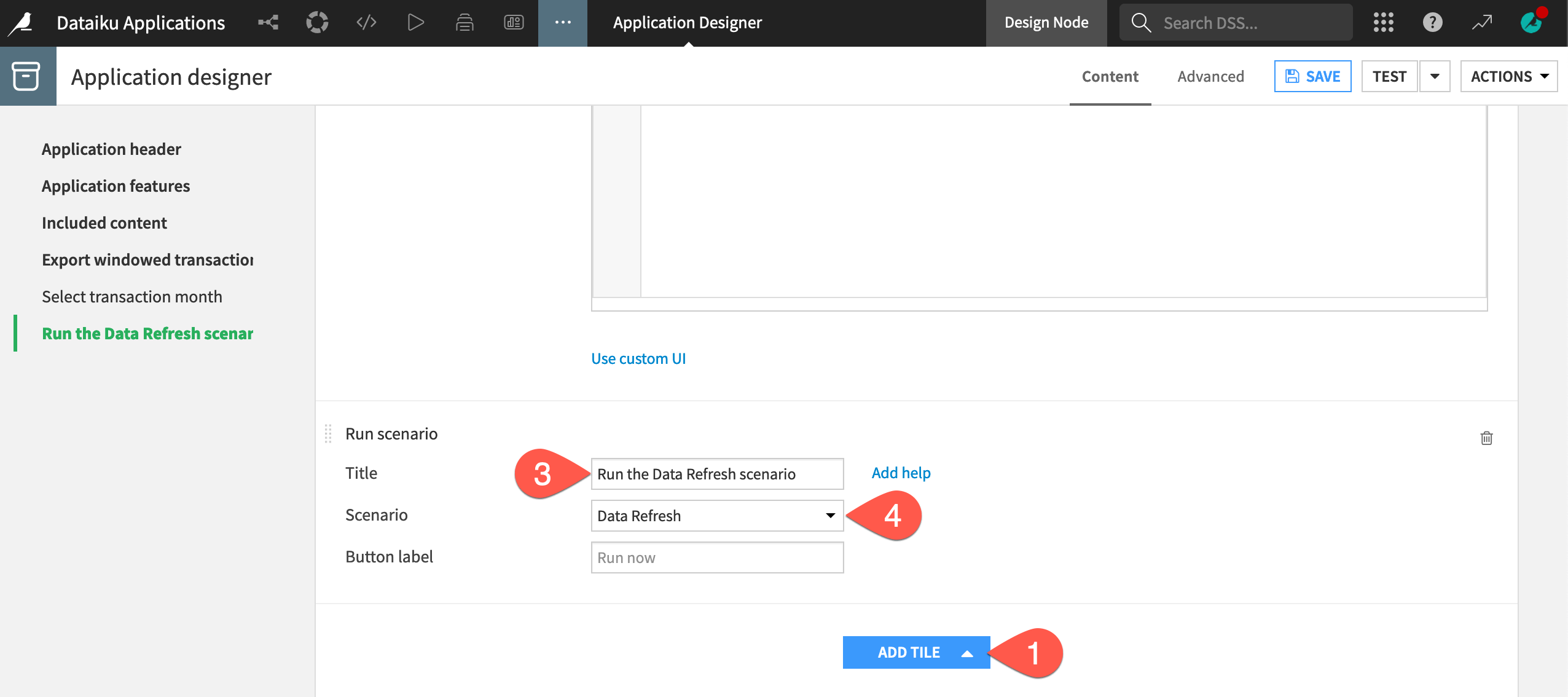 Dataiku screenshot of the run scenario tile in a Dataiku app.