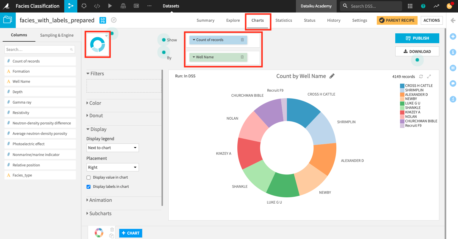 Donut chart representing the count of records by well name.