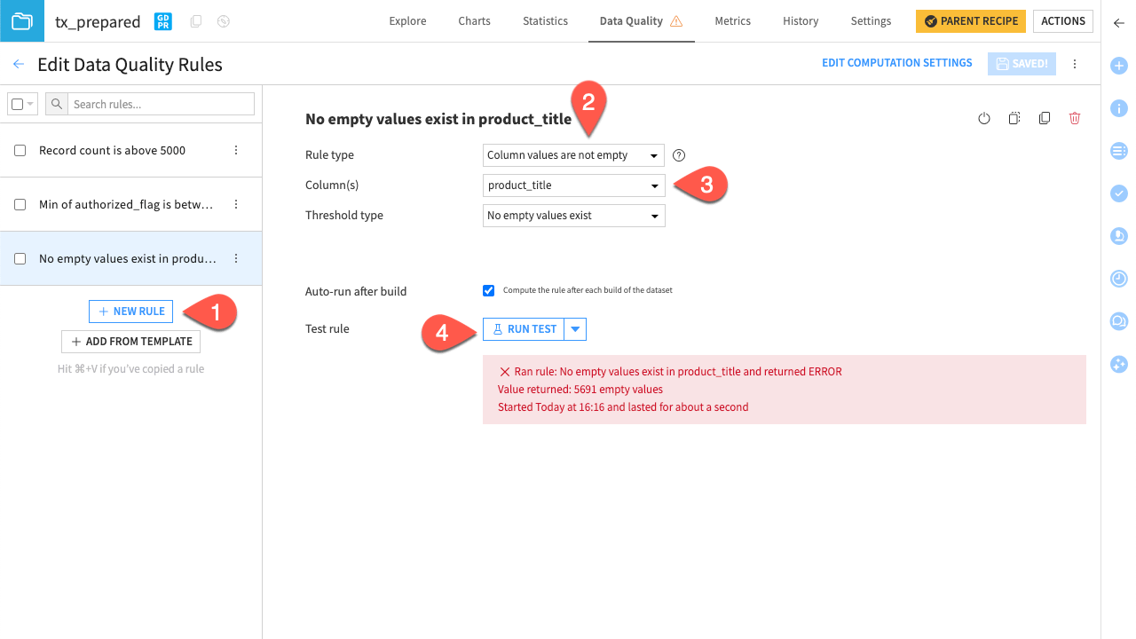 Dataiku screenshot of a data quality rule for empty values in column.