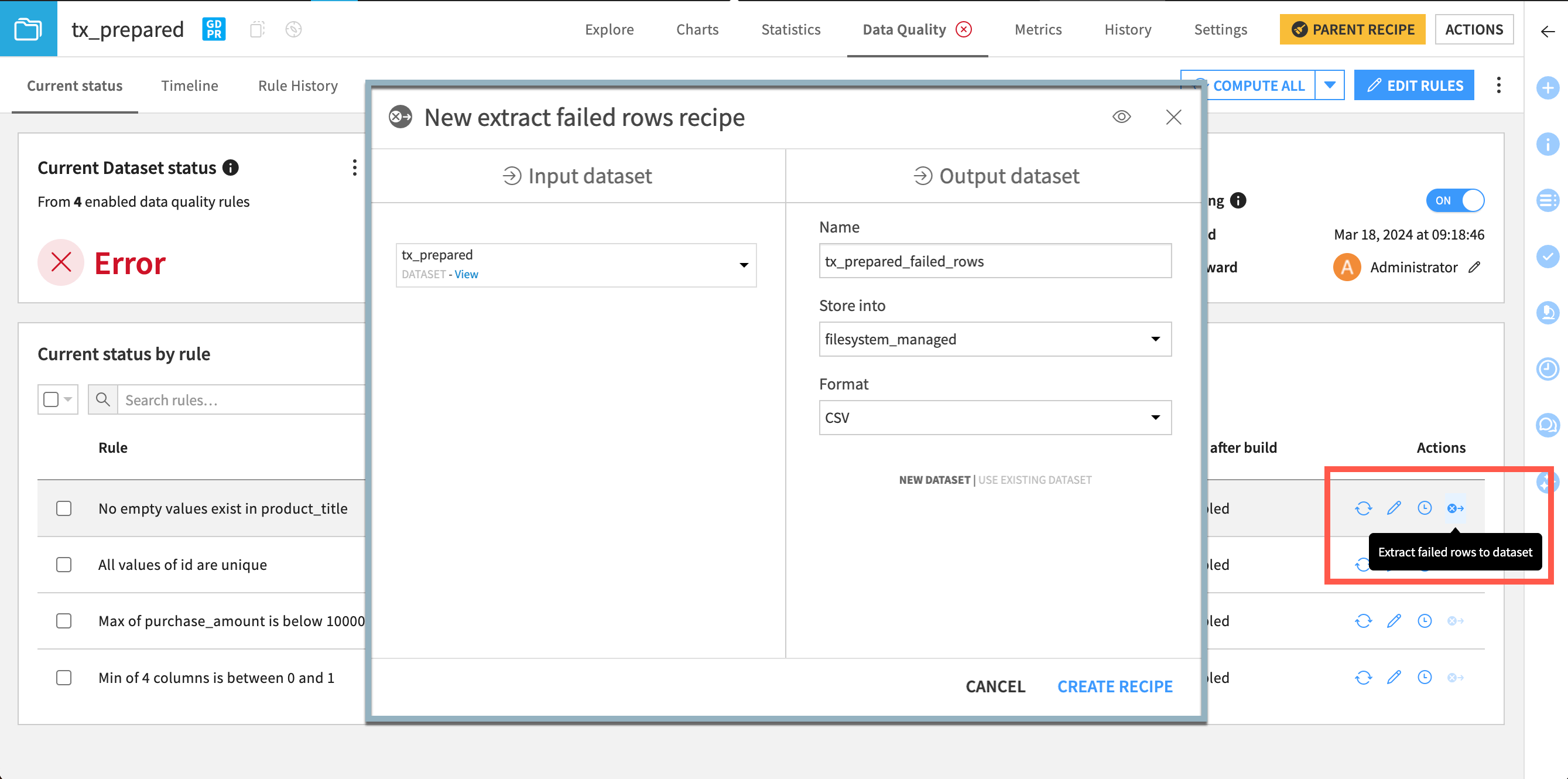 Creating the extract failed rows recipe.