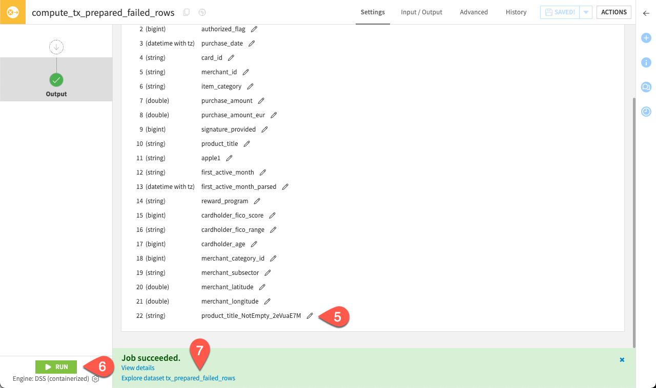 Dataiku screenshot of extract failing rows recipe.