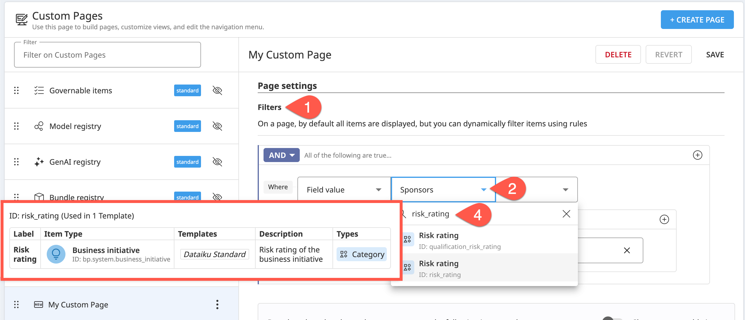 Dataiku screenshot of filters on a custom page showing duplicate field labels.