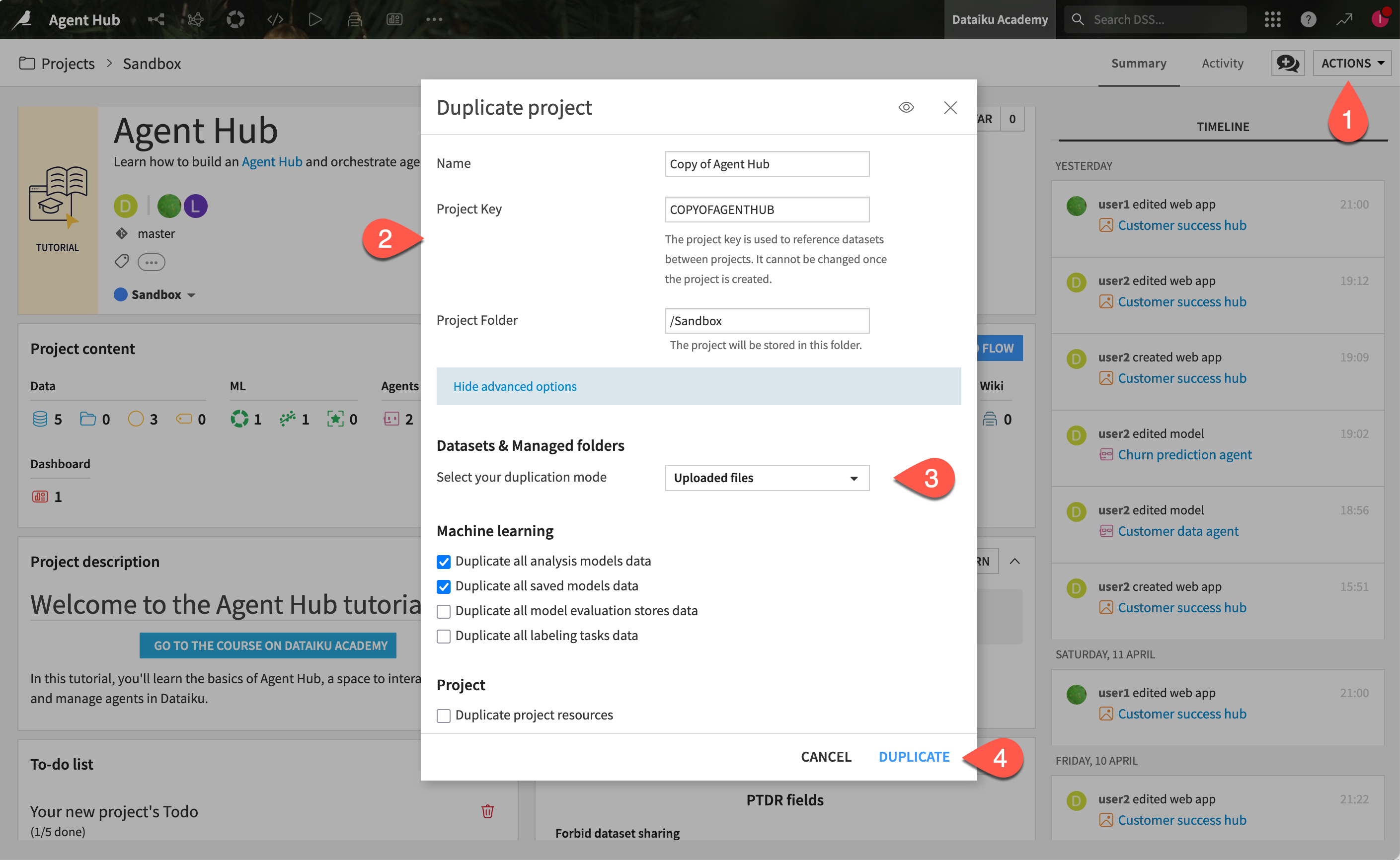 A Dataiku screenshot showing the project duplication dialog window.
