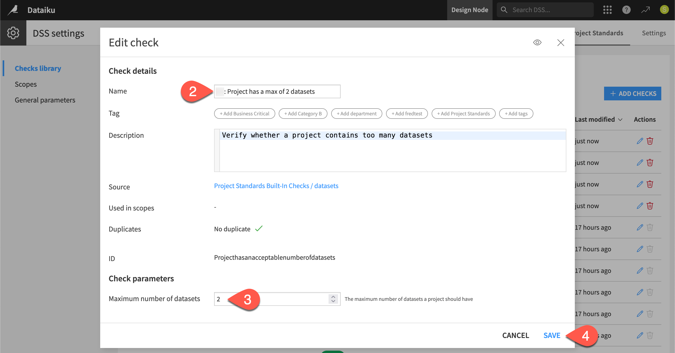 Dataiku screenshot of the dialog to edit a Project Standard check.