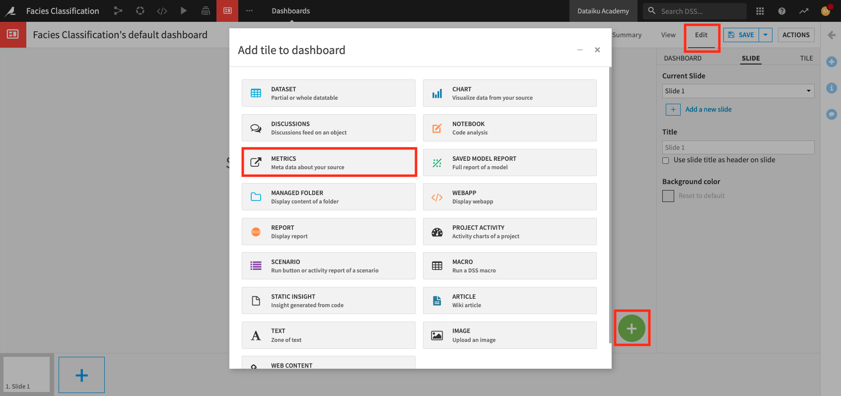 In the “Edit” tab of the dashboard, add a tile.