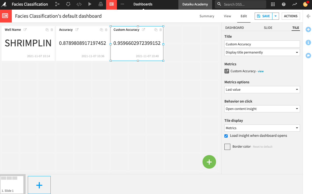 In the “Edit” tab of the dashboard, add three metrics tiles.