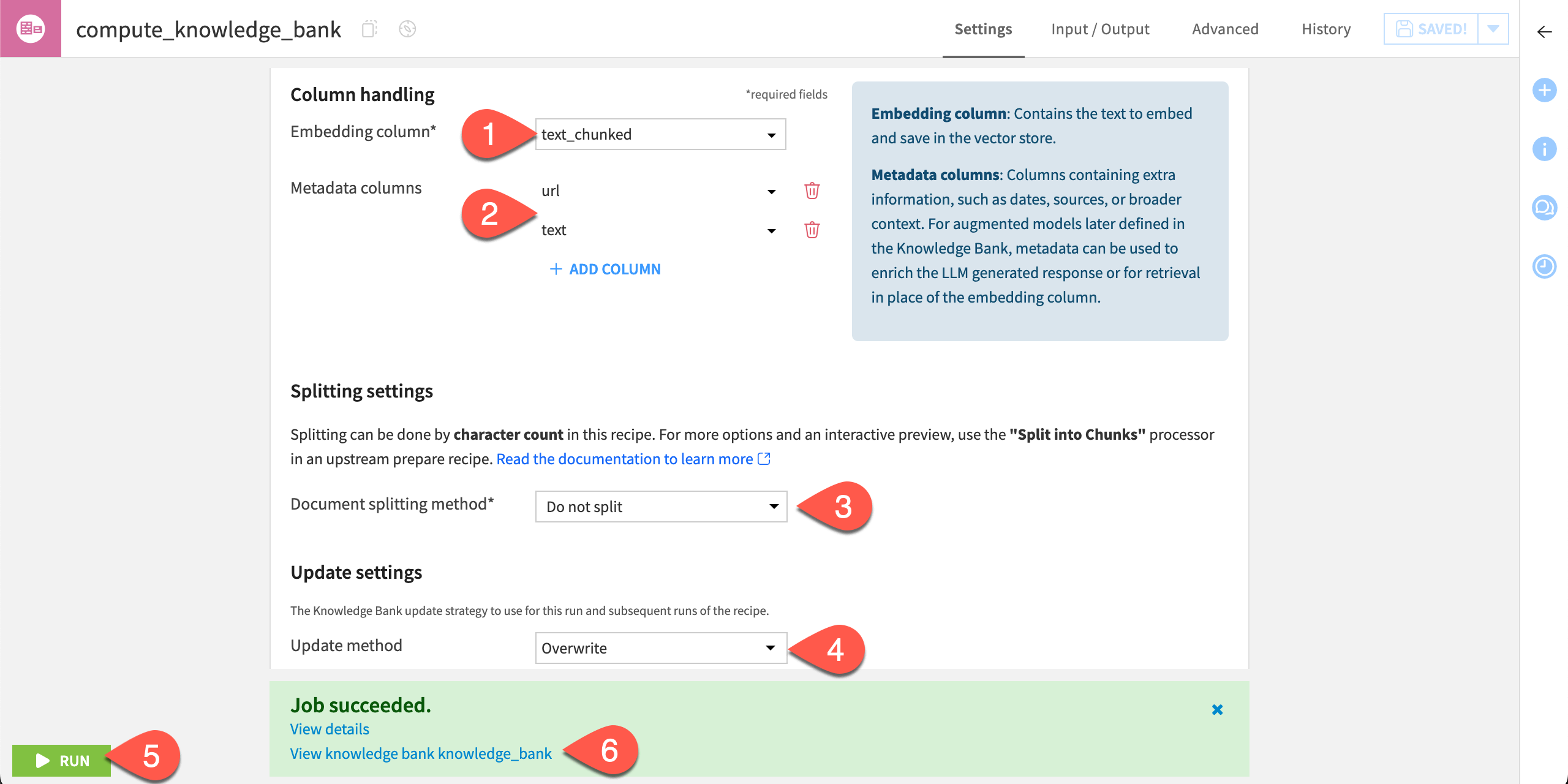 Screenshot of the settings page of an Embed dataset recipe.