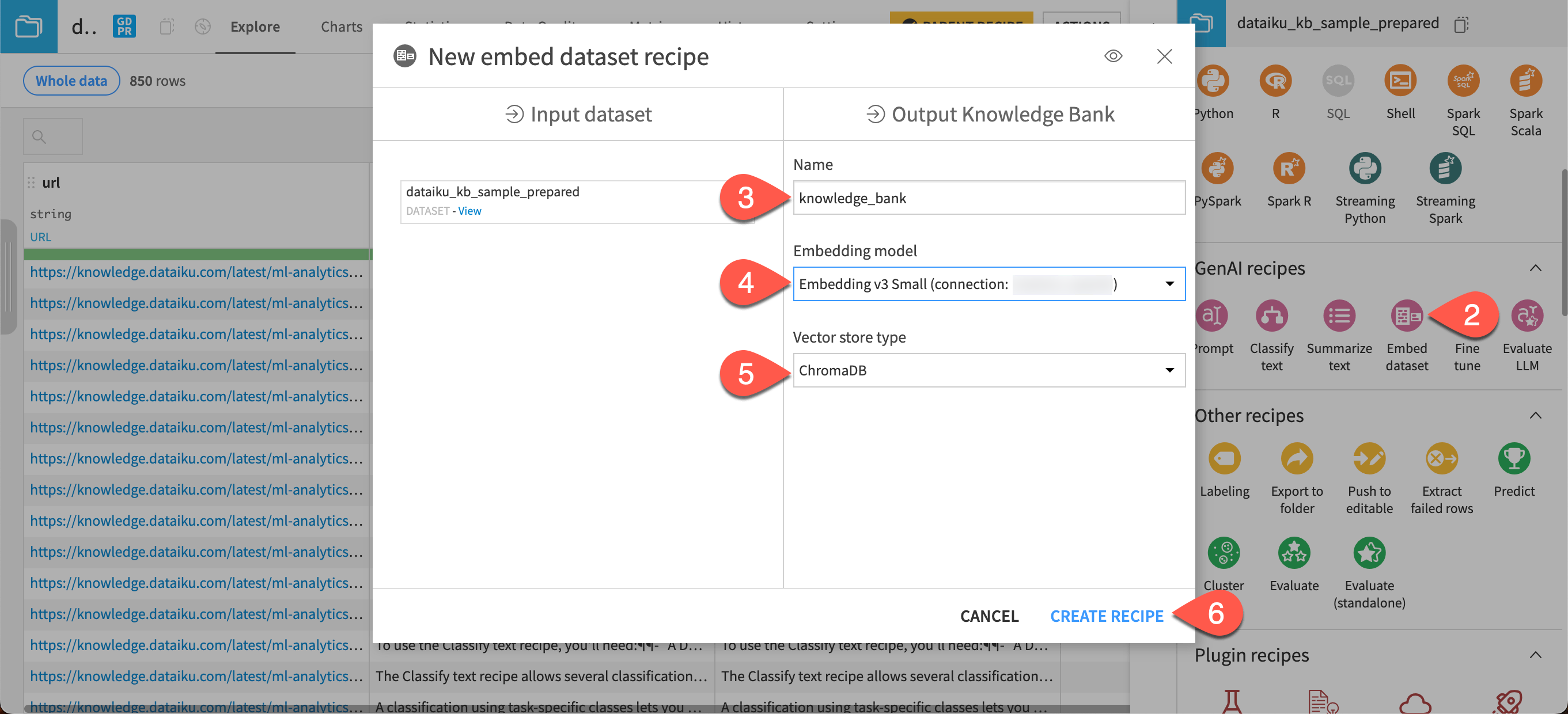 Screenshot of the creation page of an Embed dataset recipe.
