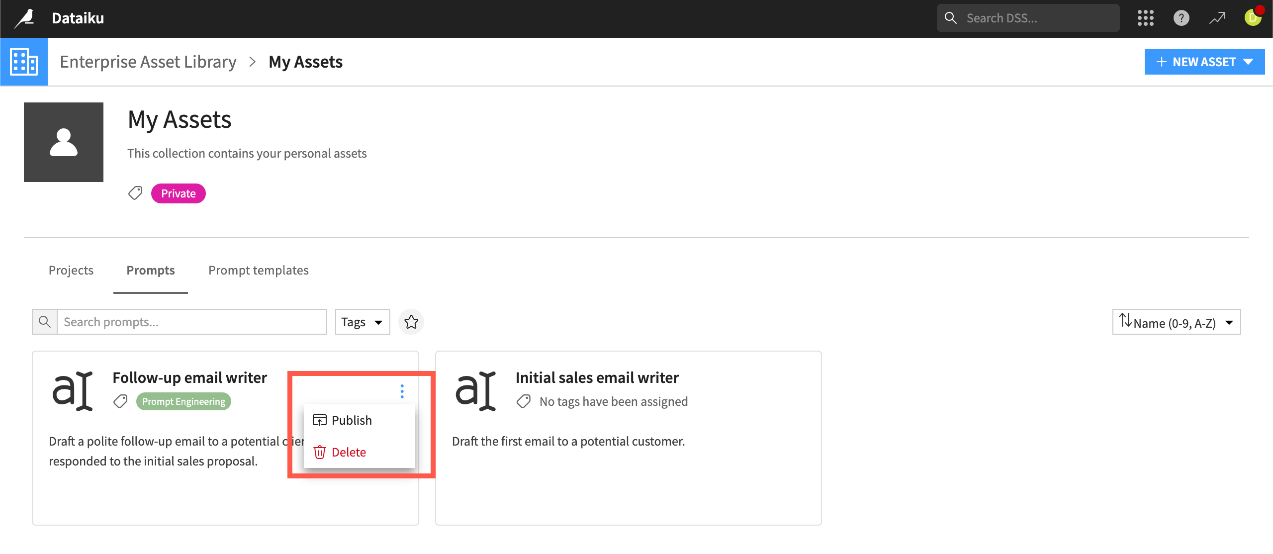 Screenshot of Enterprise Asset Library personal collection called My Assets.
