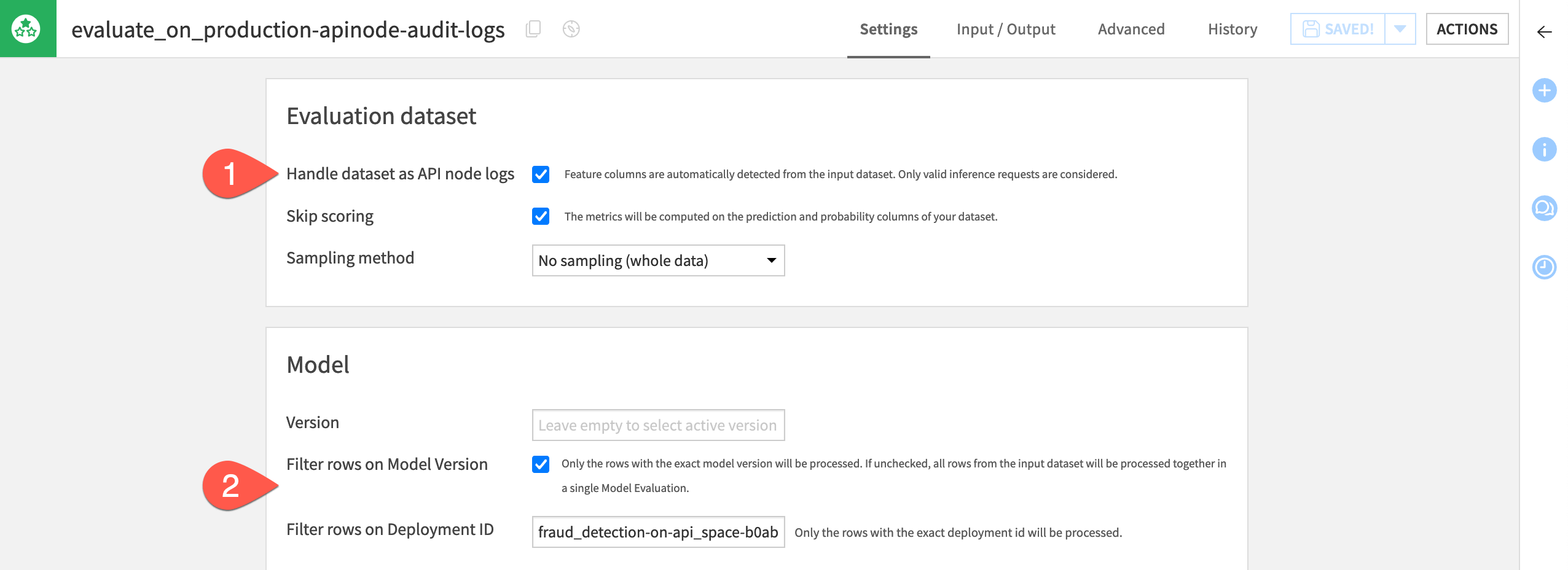 Dataiku screenshot of an Evaluate recipe with API log data input.
