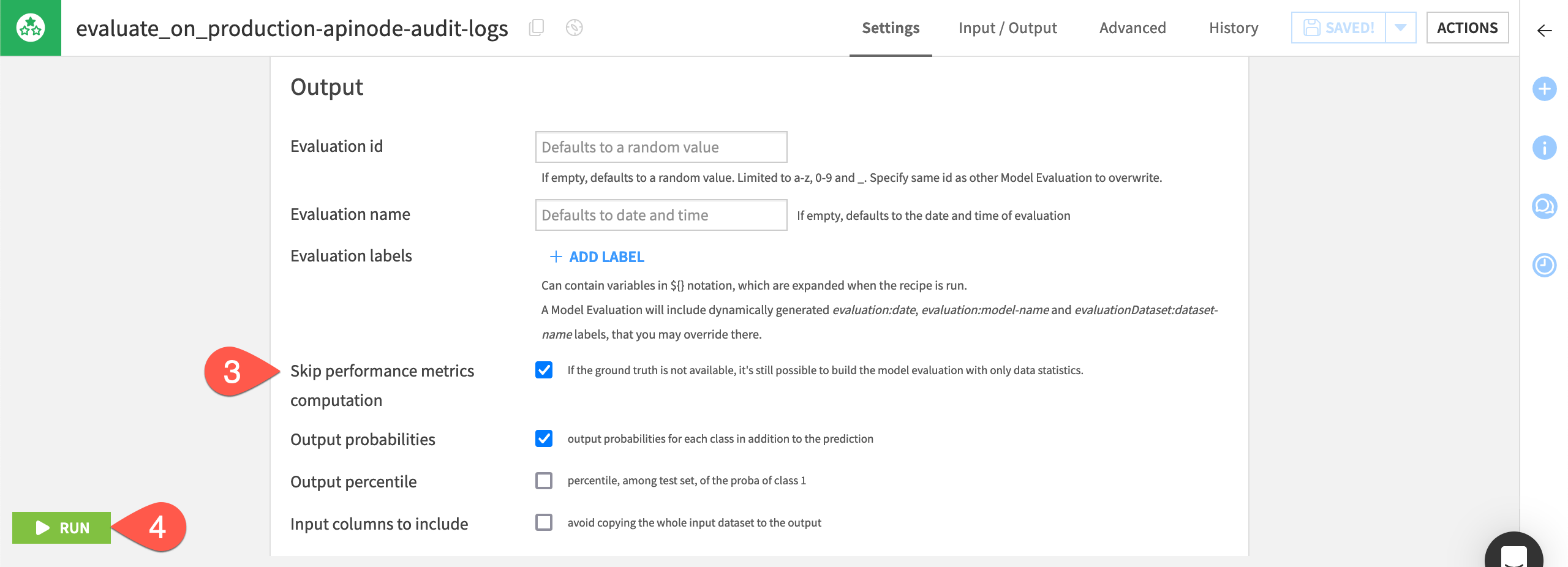 Dataiku screenshot of an Evaluate recipe highlighting the performance metrics setting.