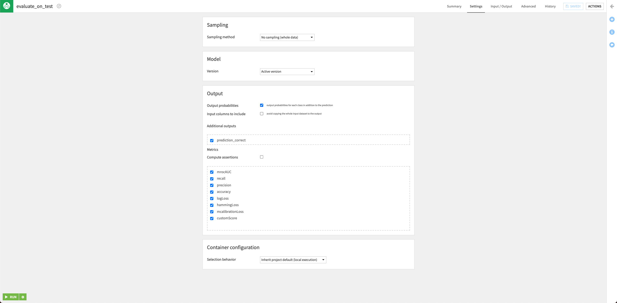 Settings of the Evaluate recipe.