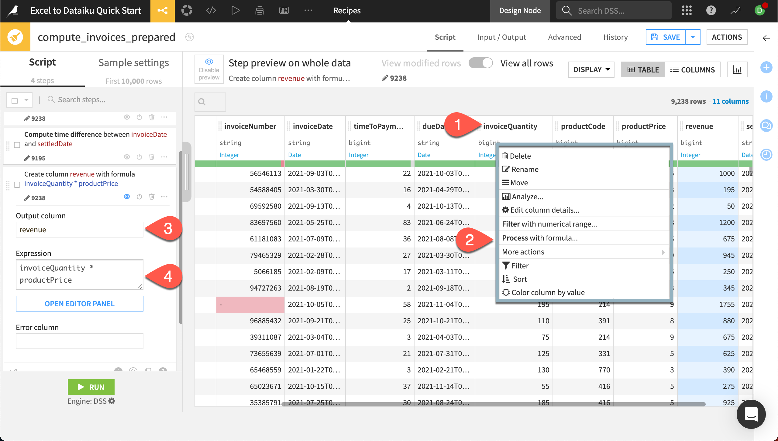 Dataiku screenshot showing steps to add a formula processor.
