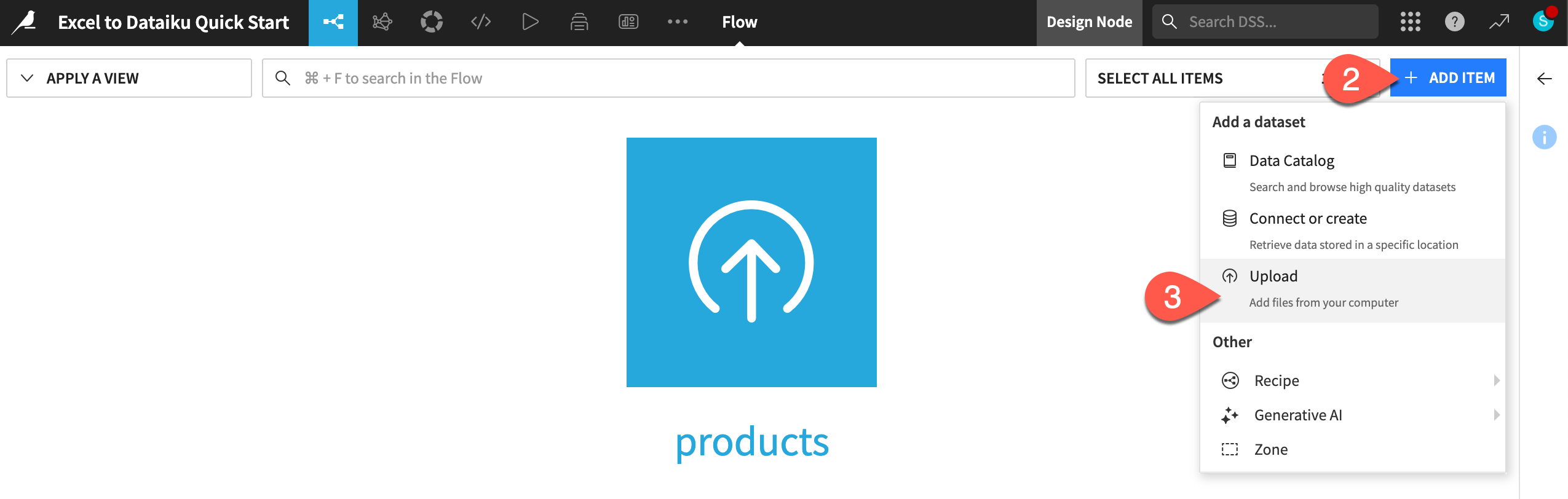 Dataiku screenshot showing the upload files step.
