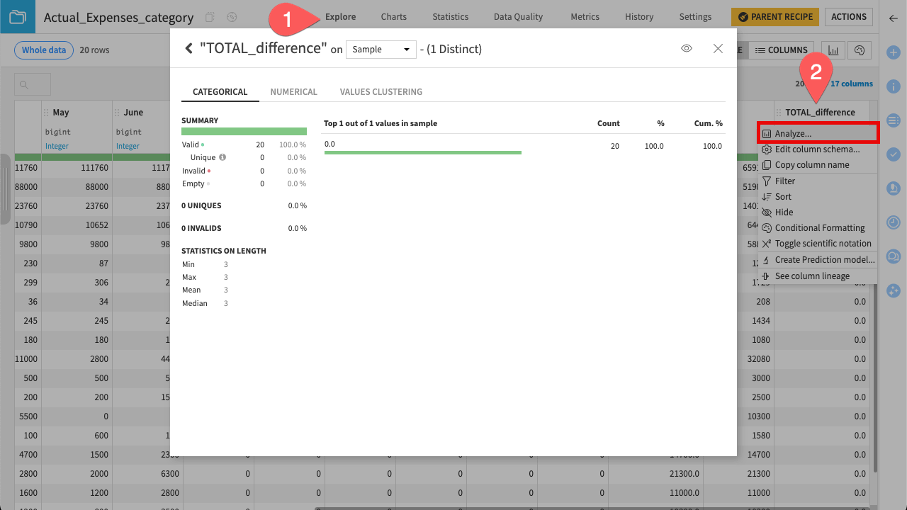 Dataiku screenshot showing how to quickly analyze column statistics.