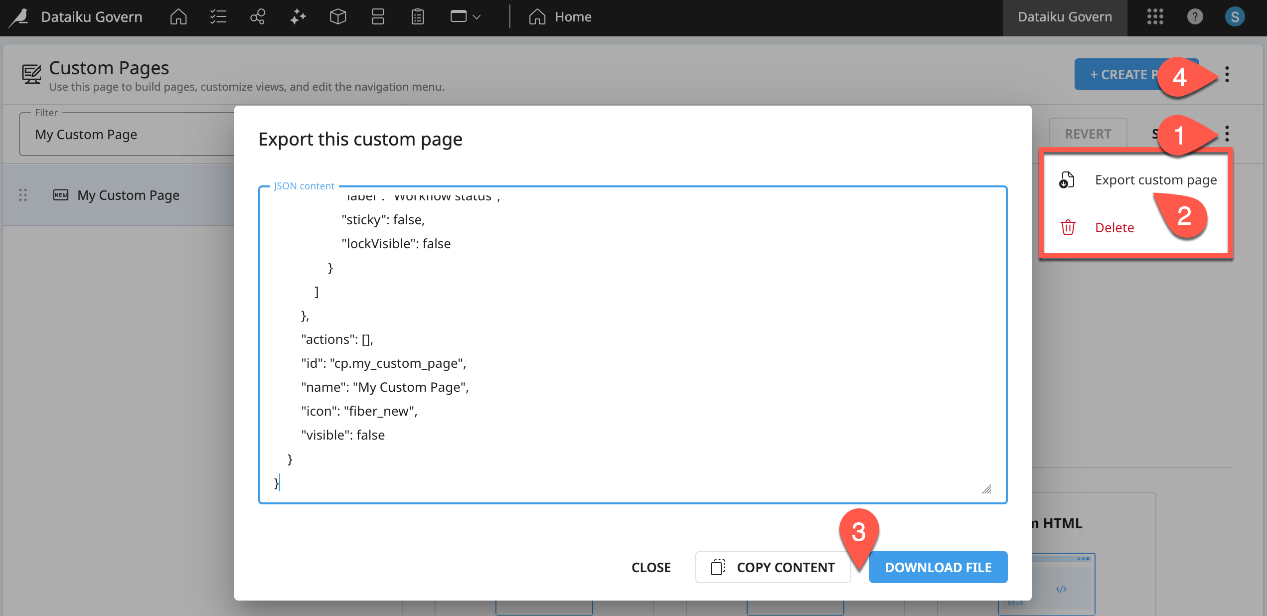Dataiku screenshot of the dialog for exporting a custom page.