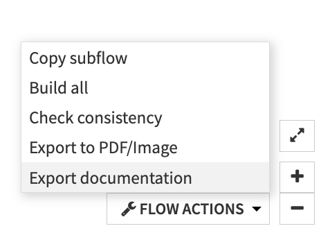 The Export documentation option in the Flow actions menu.