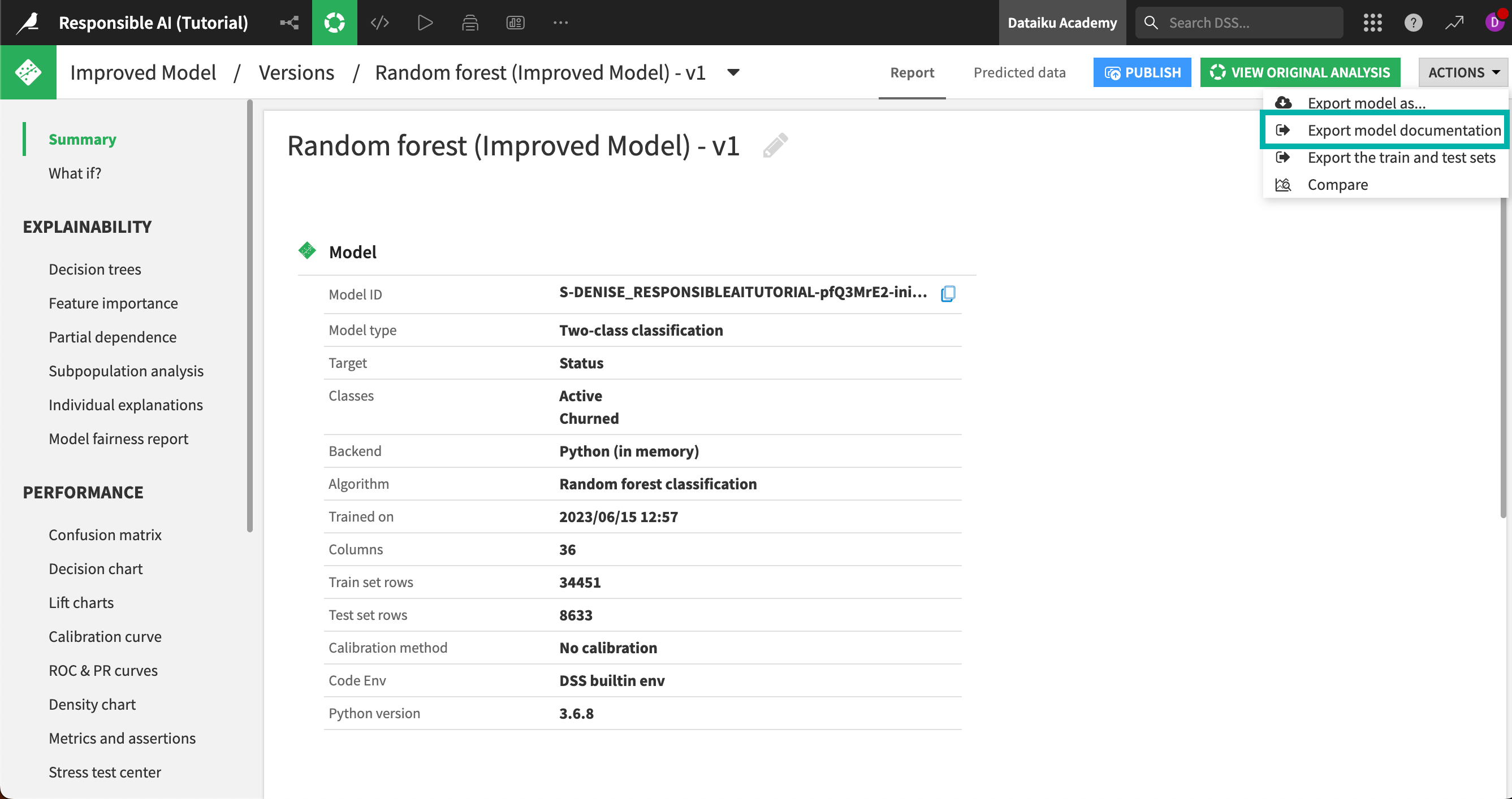 Exporting model documentation from the model report page.