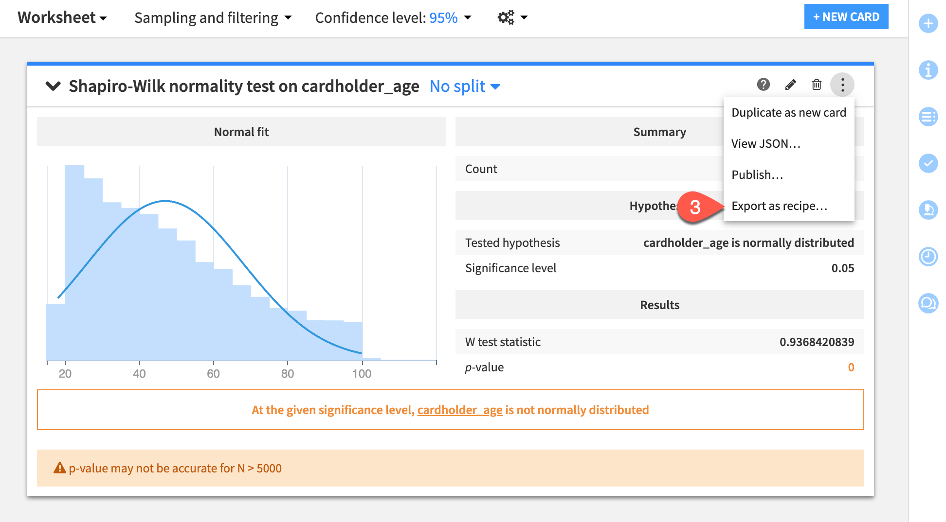 Dataiku screenshot highlighting the Export as recipe option of a Shapiro-Wilk normality test statistics card.