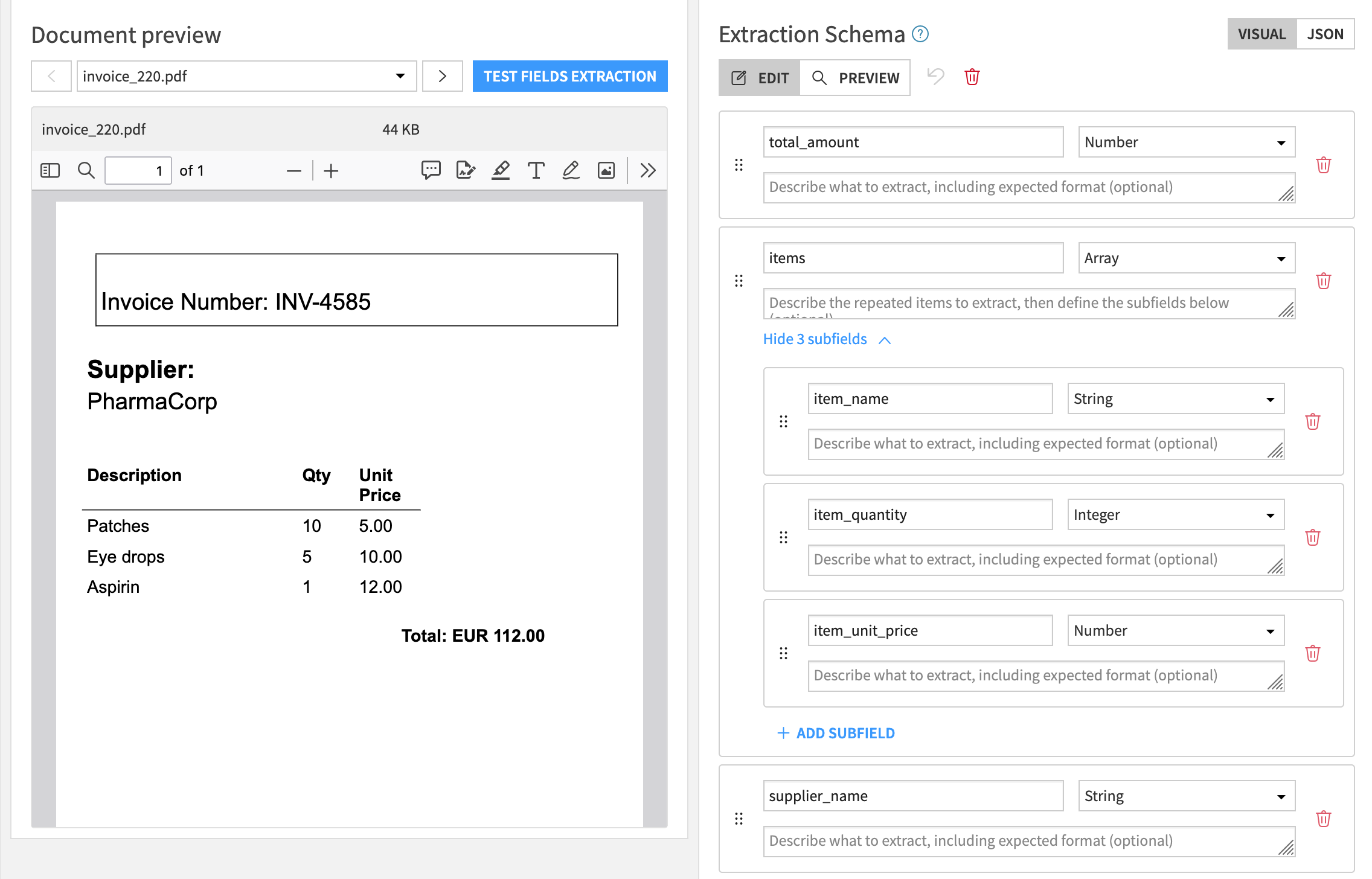 Dataiku screenshot showing an example of an extraction schema configuration.