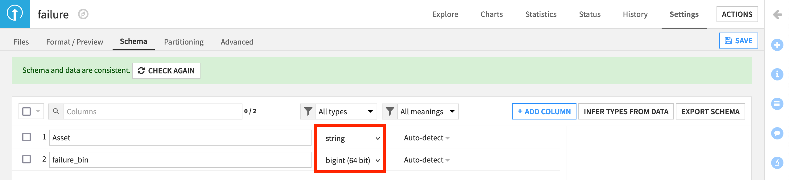 Dataiku screenshot of the schema tab of a dataset.