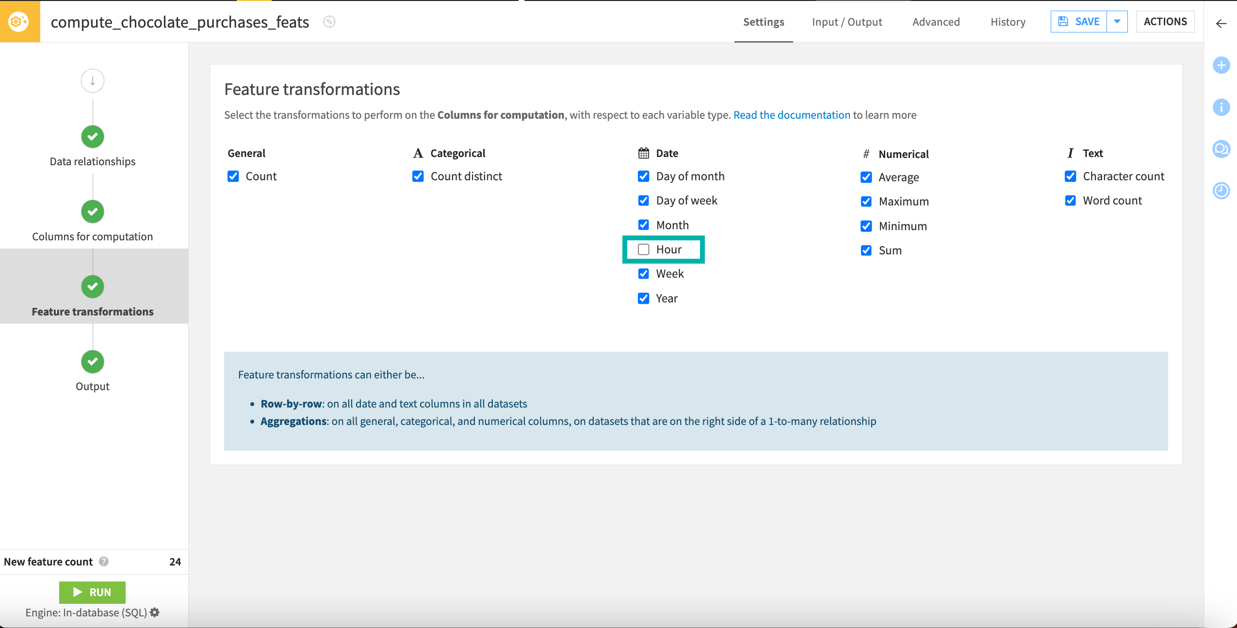 Deselecting hour from the feature transformations screen.