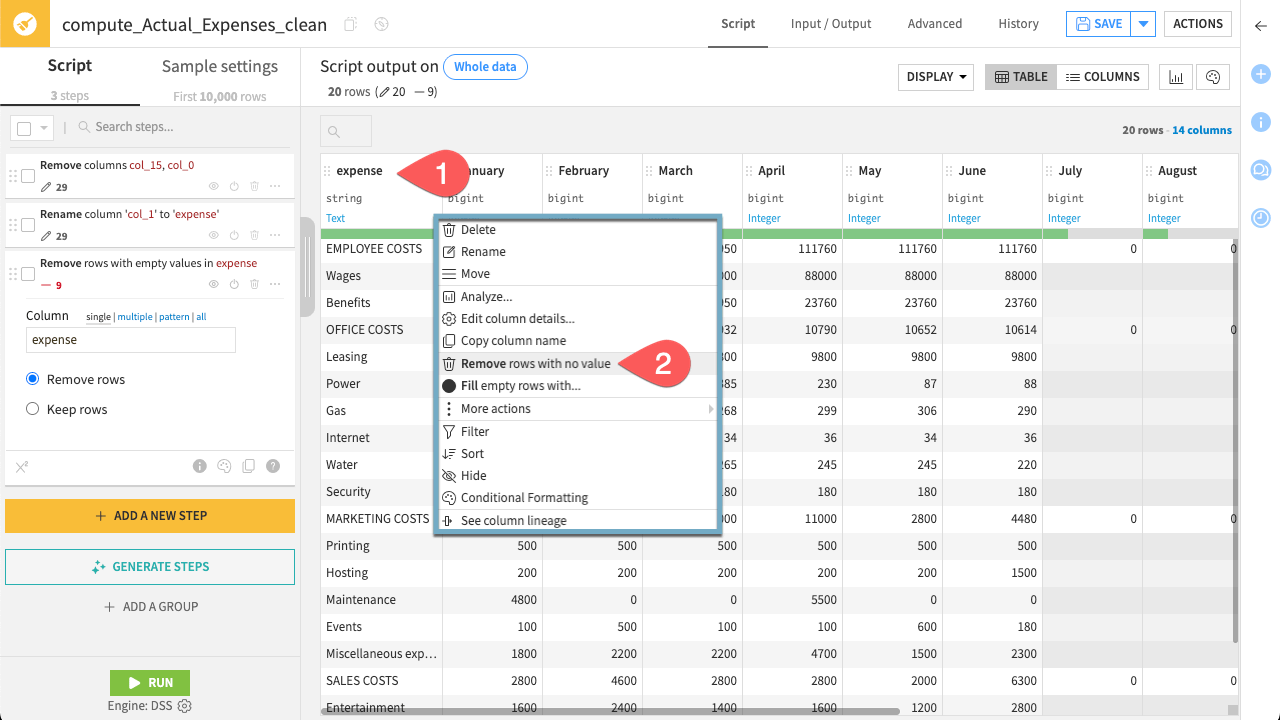 Dataiku screenshot showing how to filter empty rows.