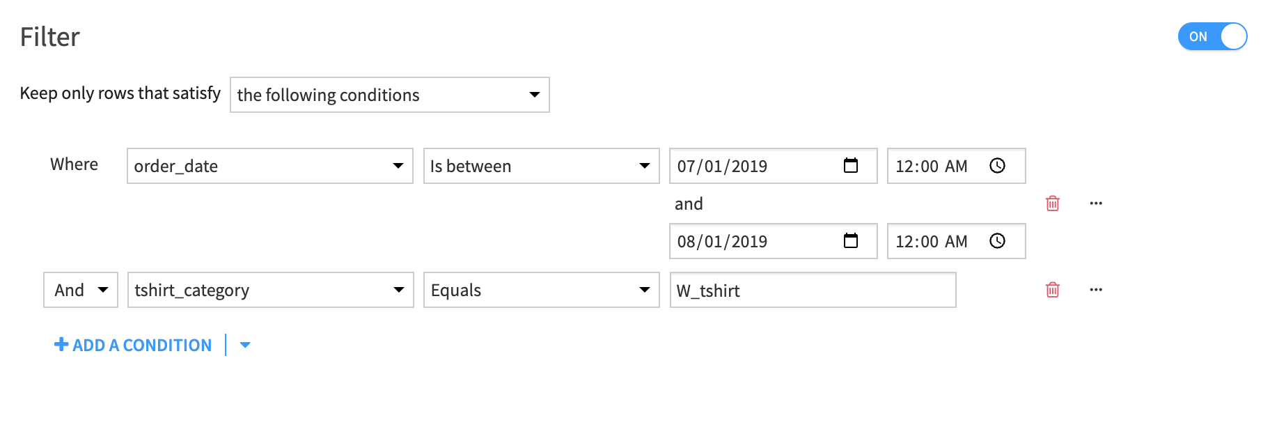 A Dataiku screenshot of a combination of filter conditions.
