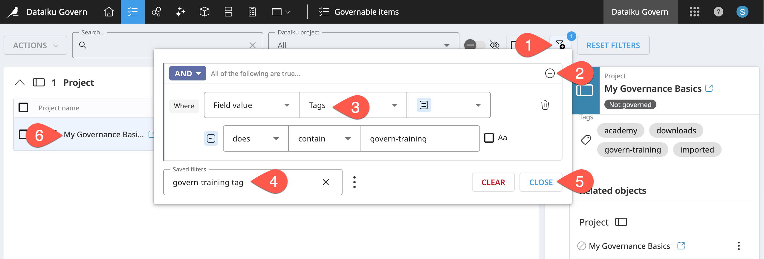 Dataiku screenshot of a filter in the Governable items page.