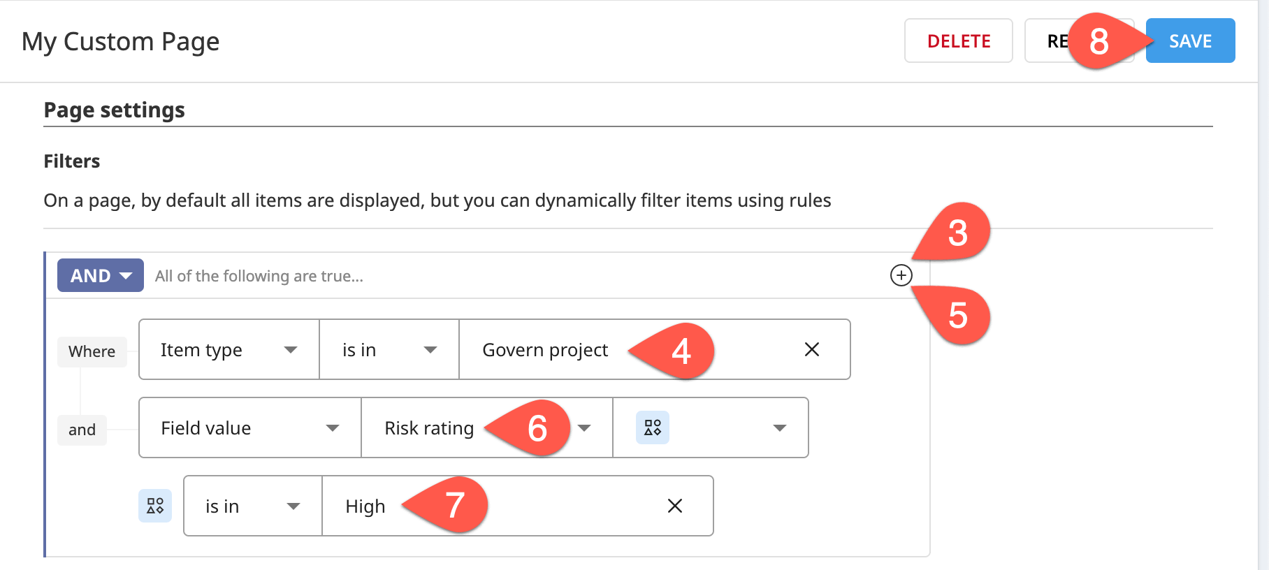 Dataiku screenshot of a custom page filter for high risk projects.